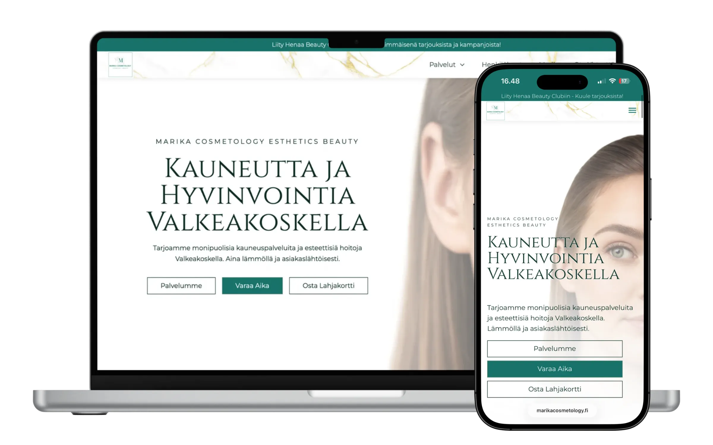 Marika Cosmetology nettisivut kauneushoitolalle, näkymä tietokoneella ja mobiilissa