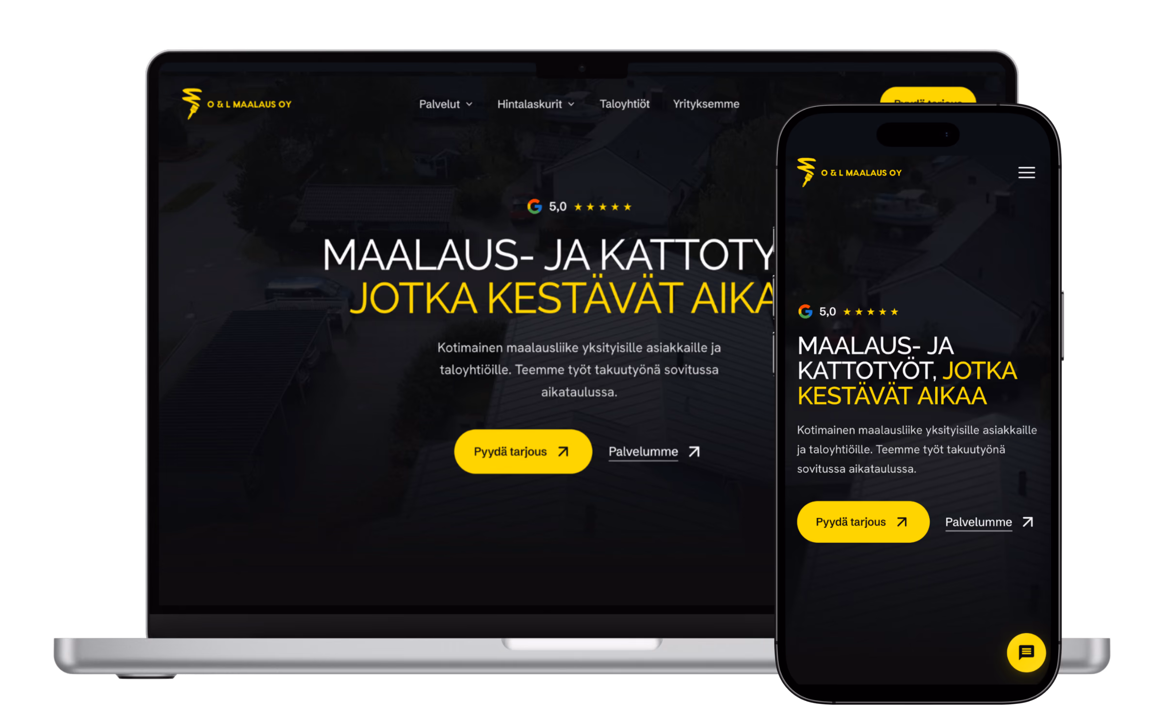 O & L Maalaus Oy nettisivut kiinteistönhuoltoyritykselle, näkymä tietokoneella ja mobiilissa